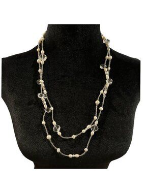 Mary Kay Necklace Beaded Long Length Toggle Closure White Silver Tone Gray Beads